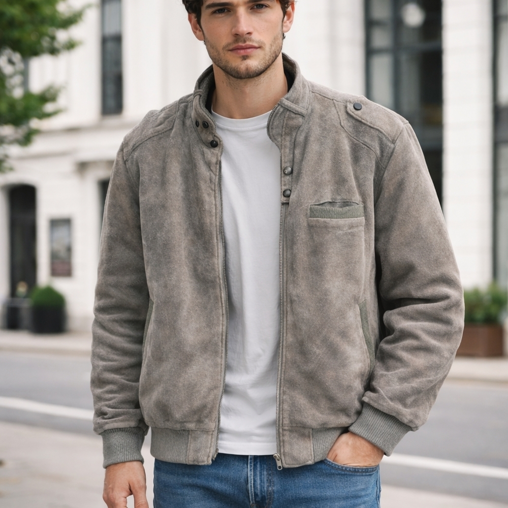 Vintage Heavy Suede Leather Bomber Jacket Gray Green Mens‎ Size L? Grunge 90s